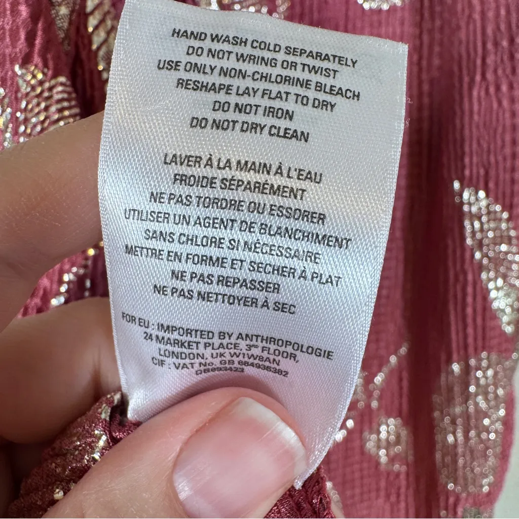 Anthropologie Feather Bone Pink Gold Metallic Print Halter Blouse Womens L Tank - Image 7