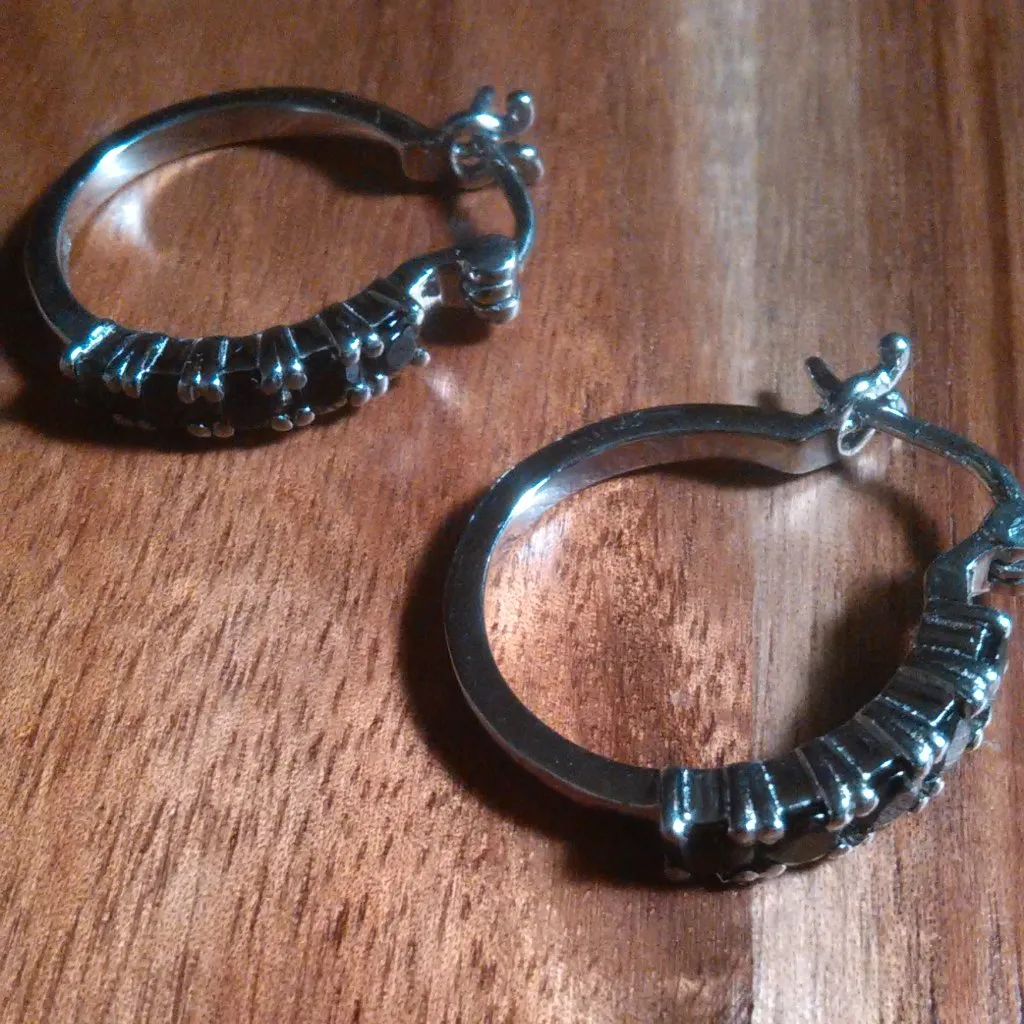 Thai Black Spinel Stainless Steel Hoop Earrings - Image 3