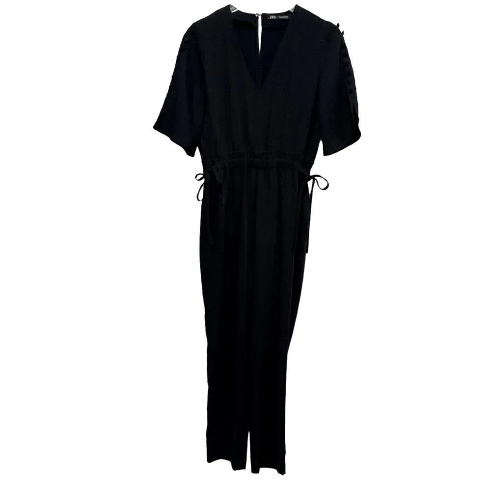Zara Jumpsuit‎ With Drawstring and Button Detail Navy Blue Size Small - Image 6