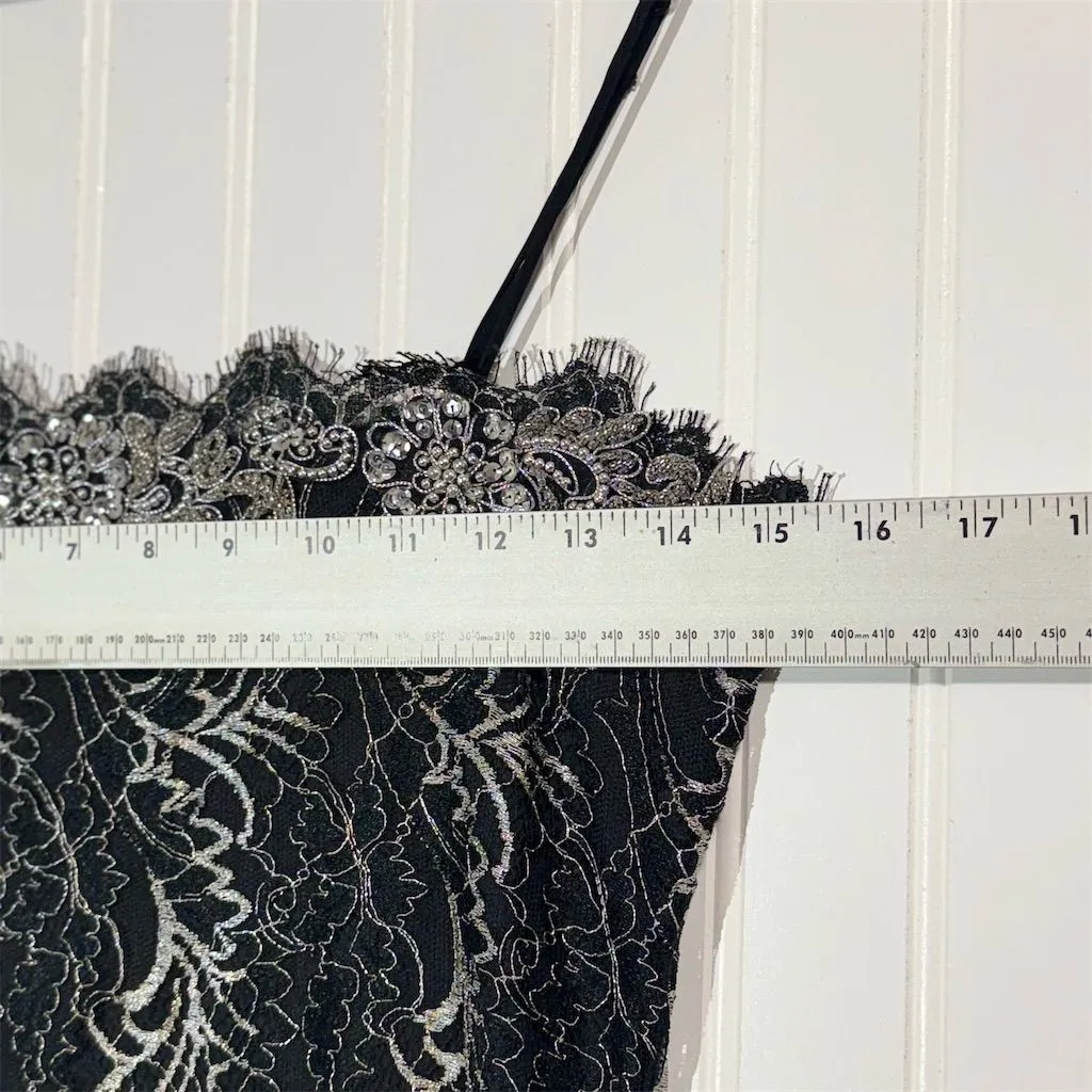 Poleci Black Metallic Lace Beaded Slip Dress Size 4 Cocktail Y2K Coquette Glam - Image 4