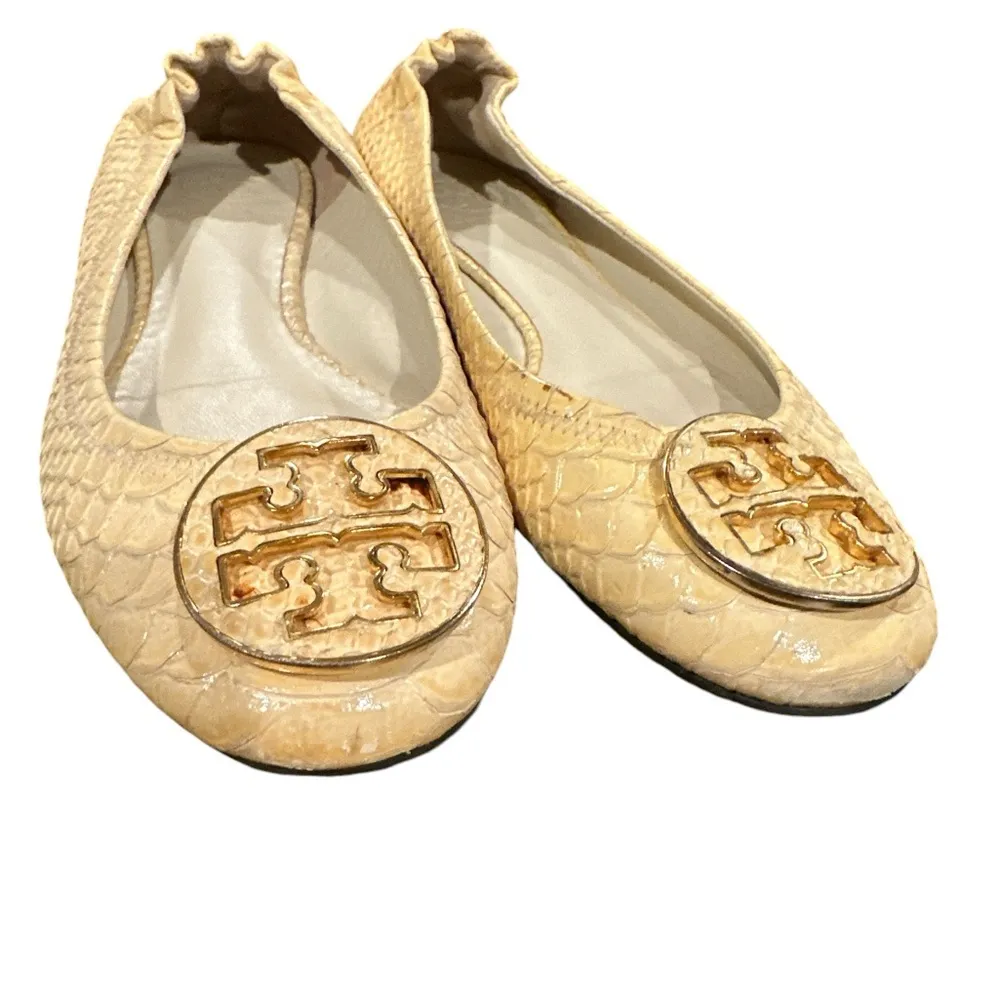 TORY BURCH Beige Cream Snake Print Ballet Flats Slipon Round Toe Gold Shoes 6.5 - Image 6