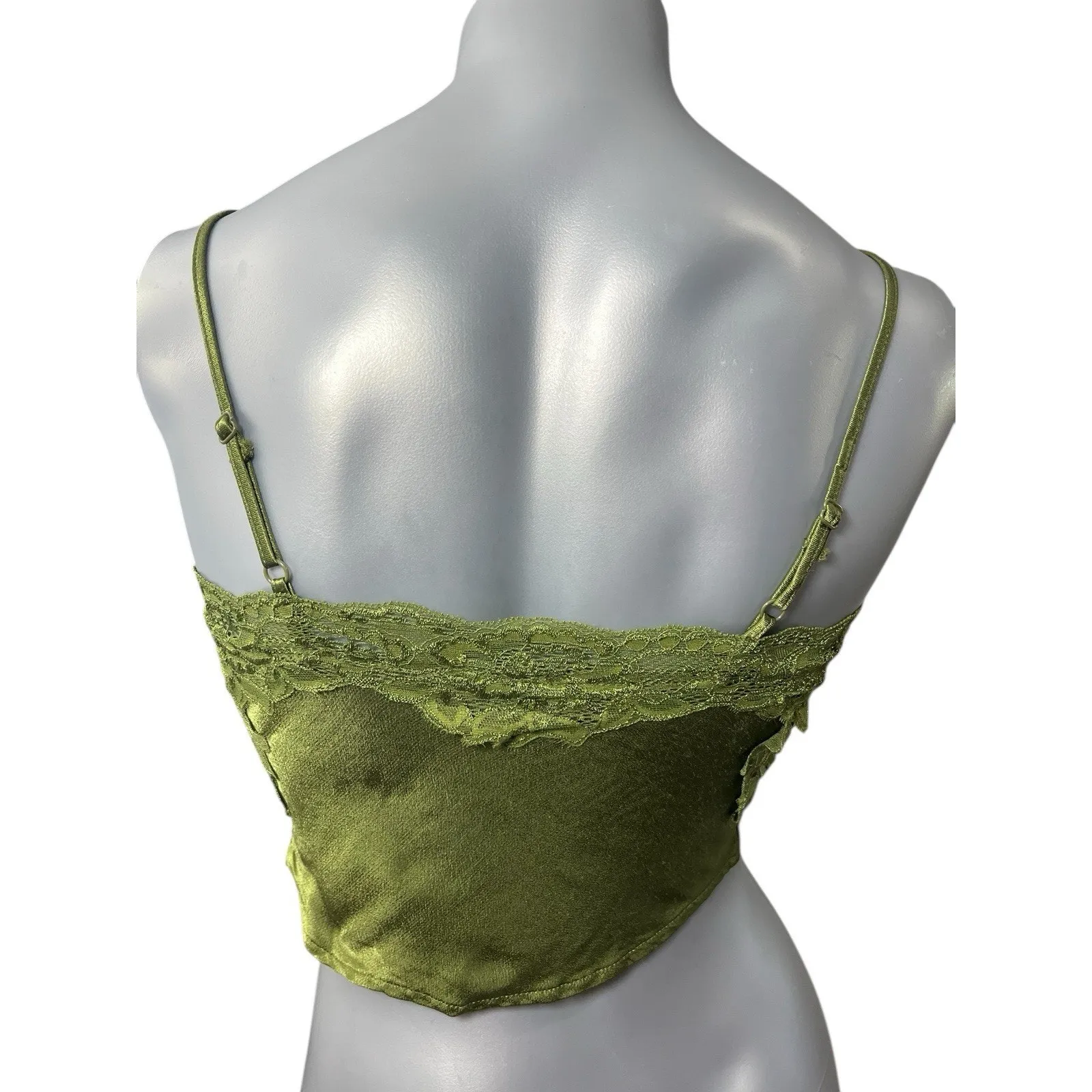 Coquette Silky Cami Crop Top Womens Olive Laced Fairy Y2K Whimsigoth Small Green - Image 9