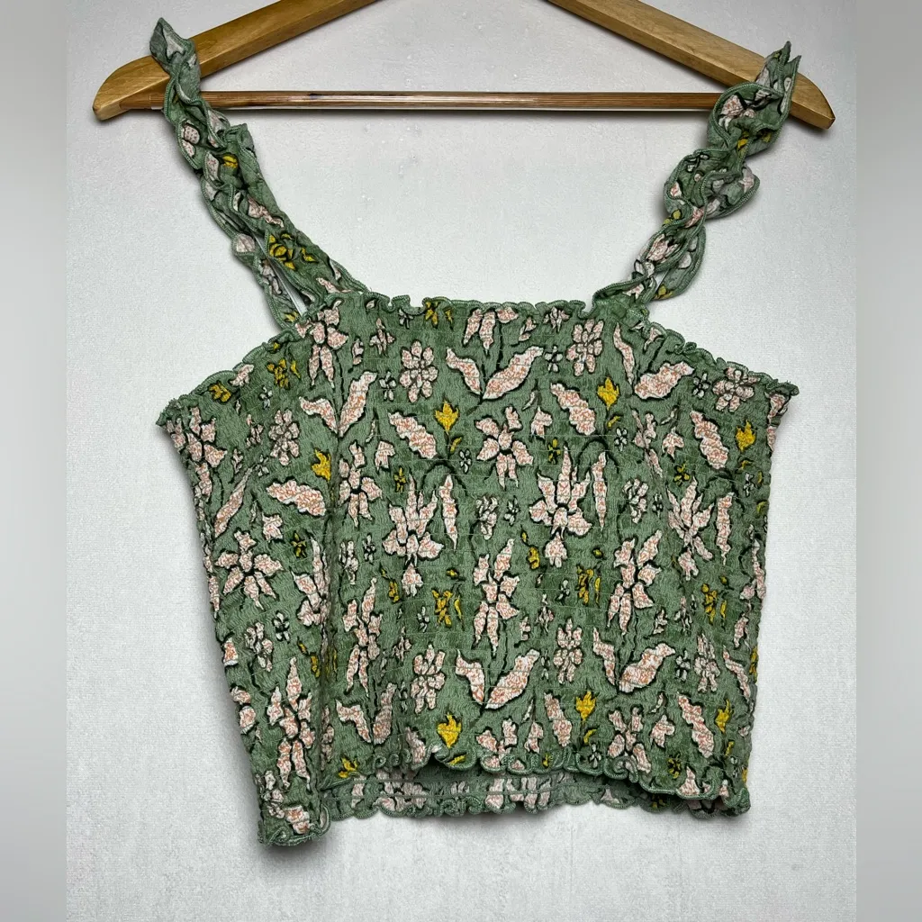 Aerie Jungle Thrills Cropped Smocked Tank Top Floral Ruffle Women Size M - Image 3
