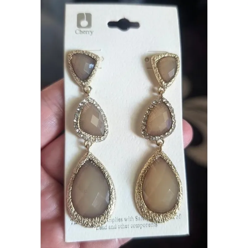 Extra Large Statement Dangle Earrings Olive Tone Faceted Gems - Image 5