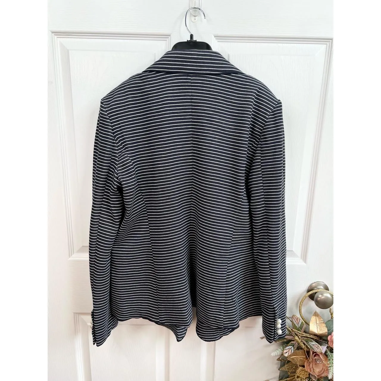 T TAHARI Blazer Size 14 Navy Striped Notched Lapel Jacket Pearl Buttons NEW - Image 5