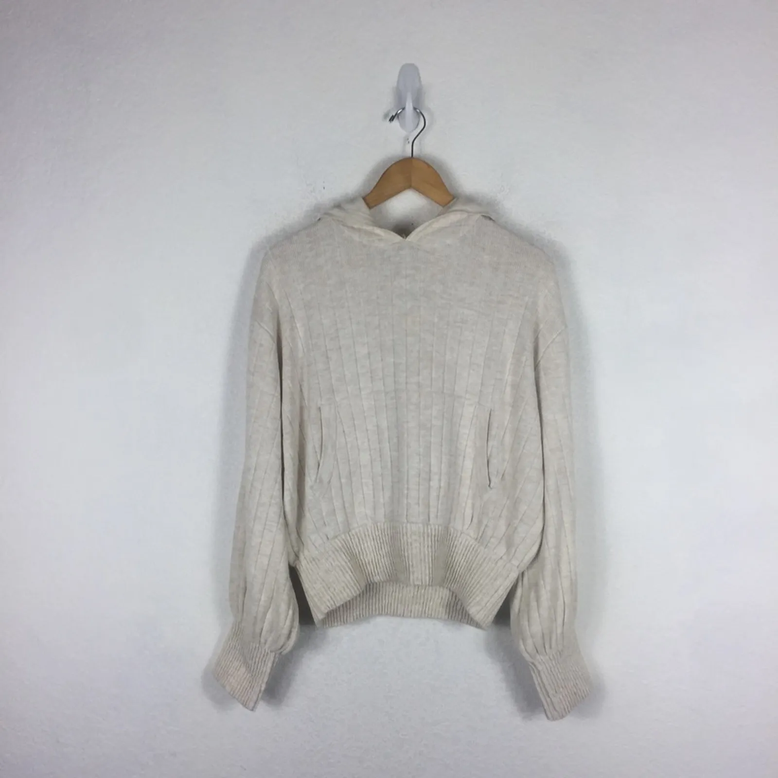 Zara Cream Cropped Knit Ribbed Oversized Comfy Hoodie Sweatshirt Medium Chic - Image 4