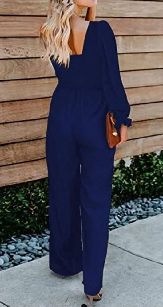 NEW Lantern Sleeve High Waisted Wide Leg Jumpsuit S Navy Blue - Image 2