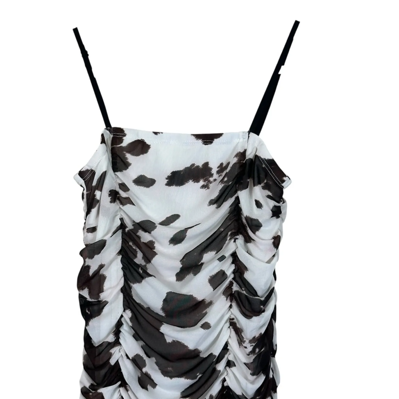 Forever 21 Mini Dress Size S White Brown Cow Print Mesh Ruched Bodycon Festival - Image 2