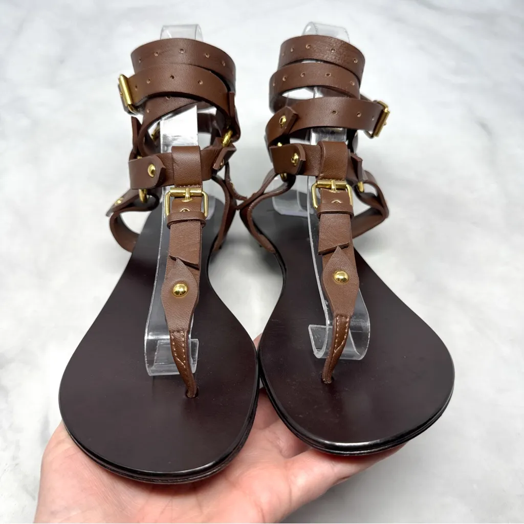 Giuseppe Zanotti Leather Harness Wrap Around Ankle Strap Flat Sandals Brown 38.5 - Image 3