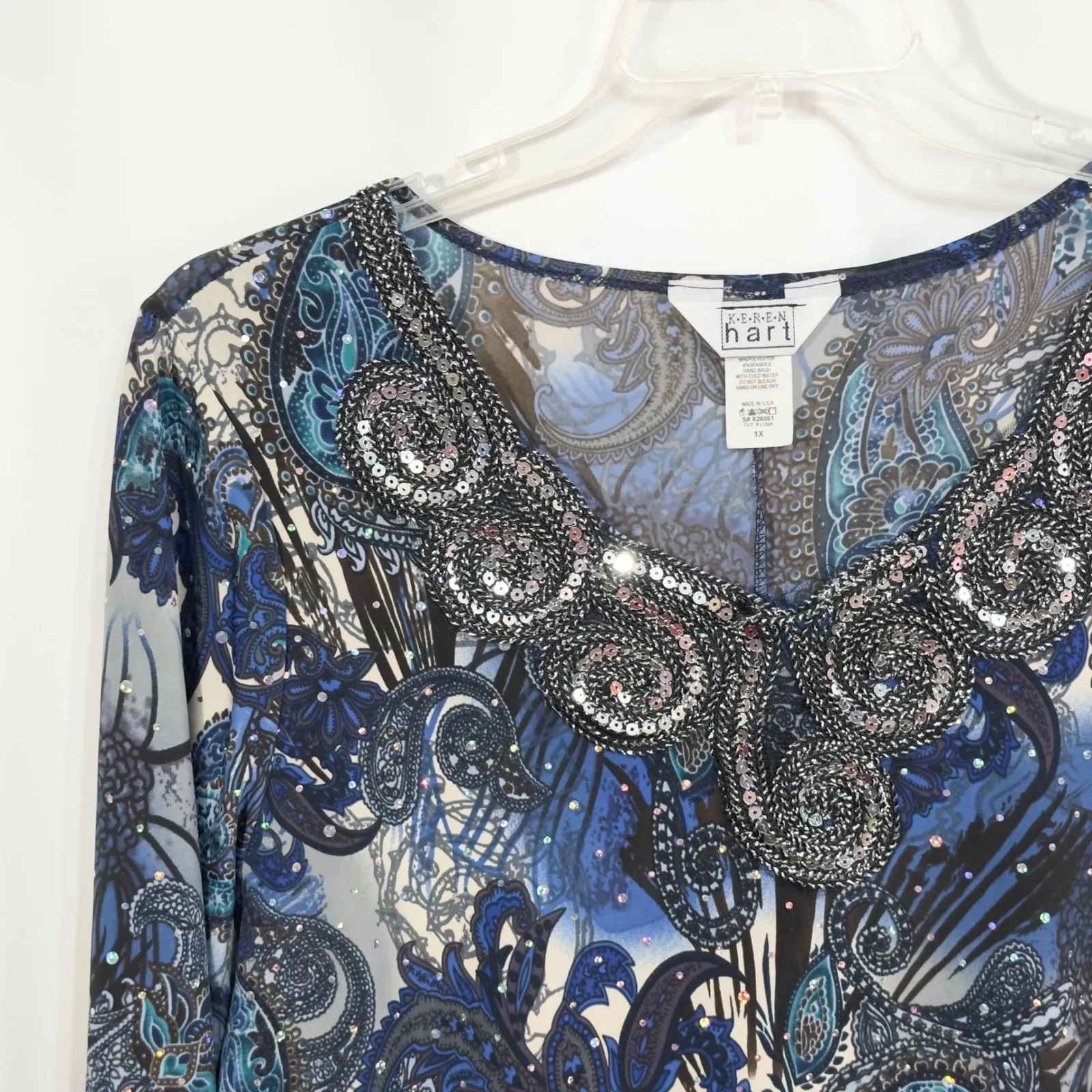 K.E.R.E.N Hart Plus Size 1X Top Paisley‎ Blouse 3/4 Sleeve Beaded Sequins 1604 Blue - Image 5