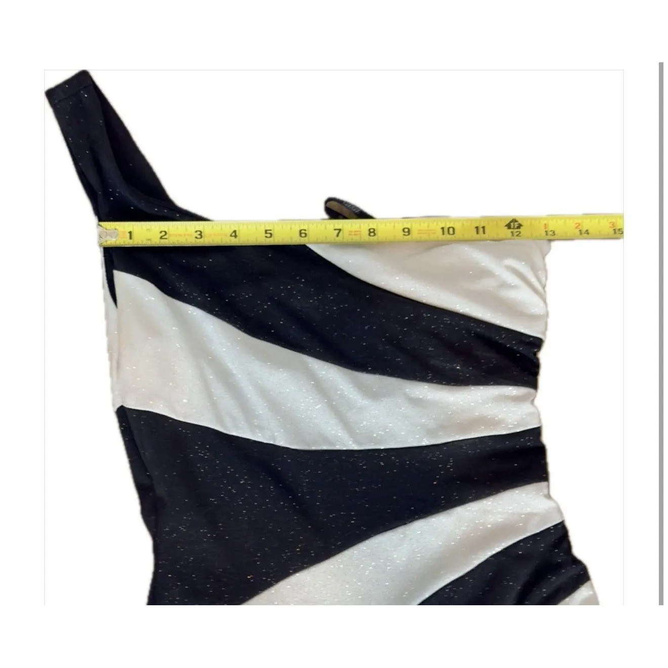 Y2K Maxi Dress one shoulder Stretch Stripes White Black Size M USA shimmery - Image 9