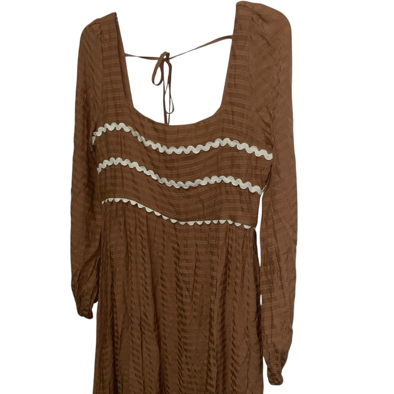 Lalavon Brown Long Sleeve Maxi Dress L Boho Peasant Cottagecore Rickrack Trim Size L - Image 2