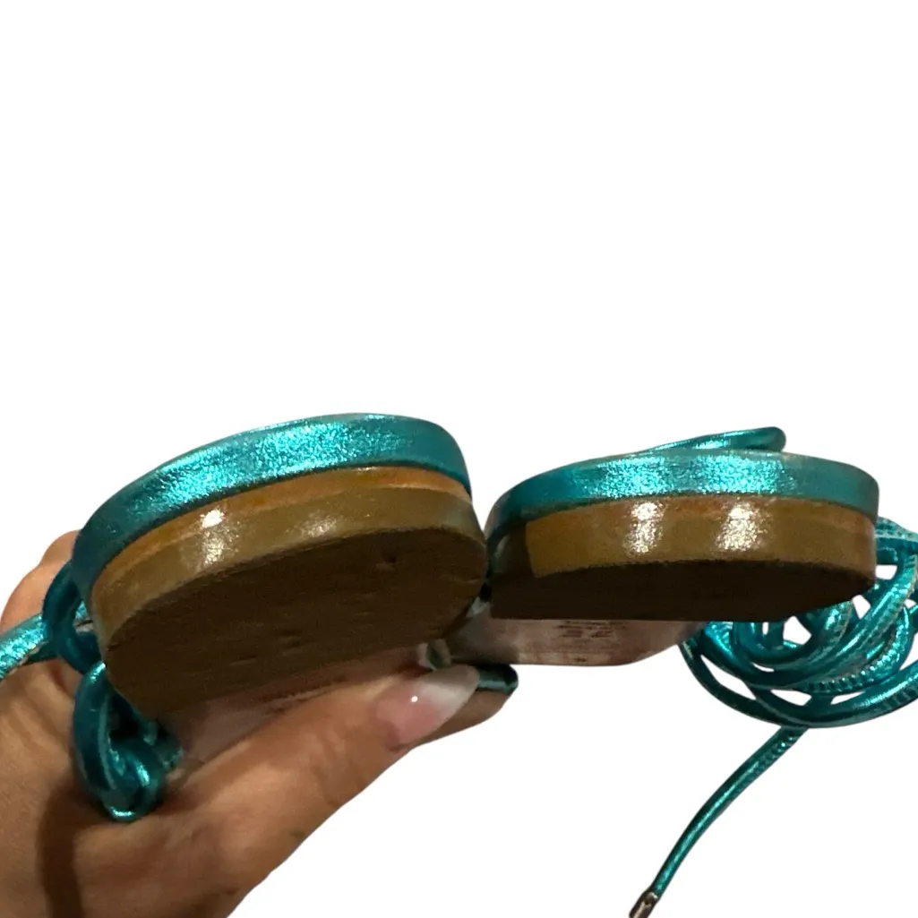 SCHUTZ LACE-UP METALLIC TURQUOISE BLUE STRAPPY POINTED TOE FLAT SANDAL SHOES 38 - Image 8