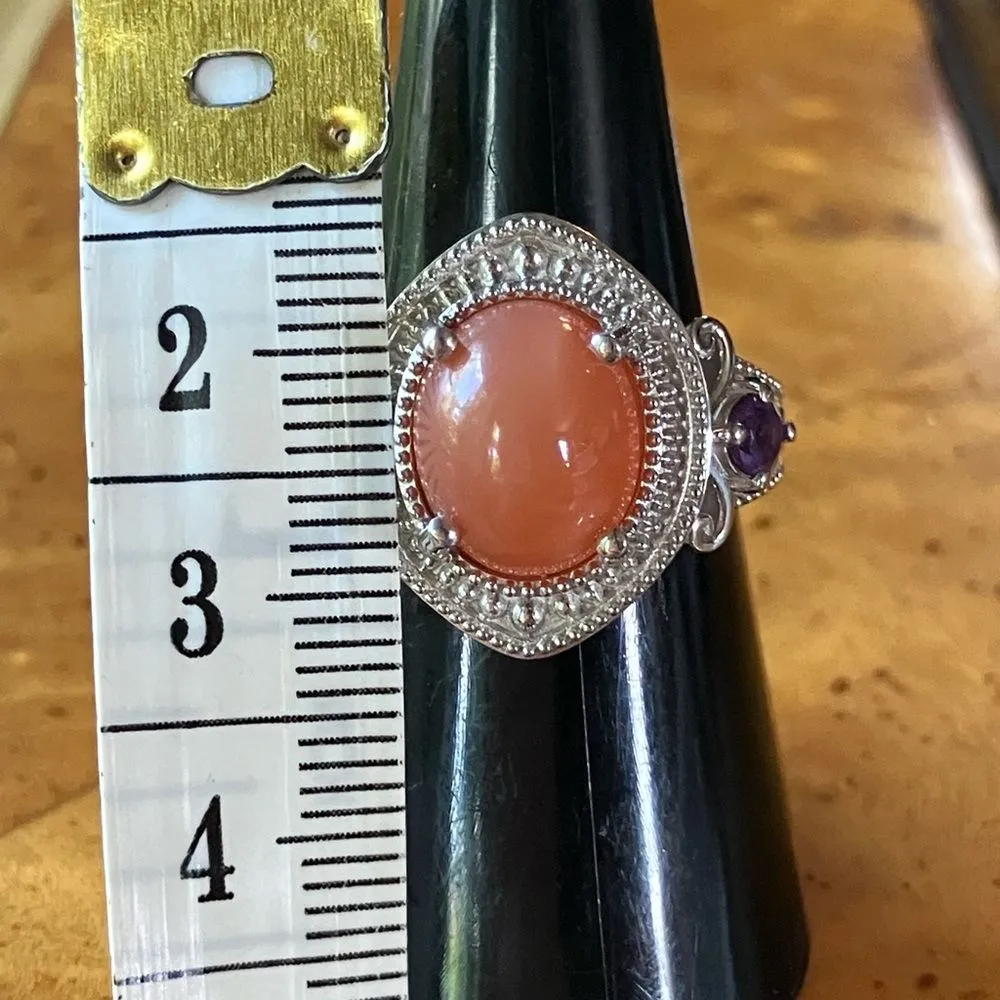 Natural Peach Moonstone African Amethyst Sterling Silver Ring Size 7 - Image 7