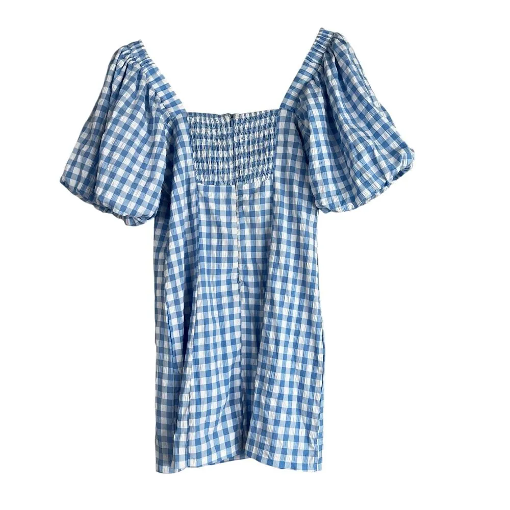 Lena Mini Dress Womens L Blue Gingham Smocked Puff Sleeve Prairie Cottagecore Size L - Image 3
