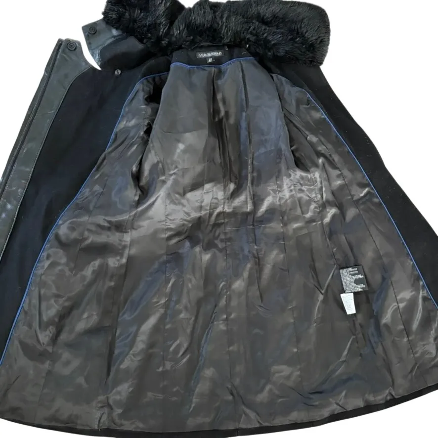 Via Spiga Wool Faux Fur Collar Jacket Sz 2P Black Military Moto Faux Leather - Image 7