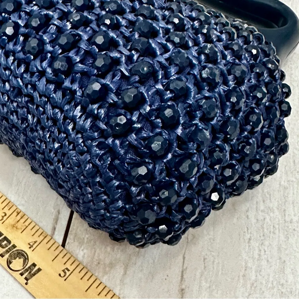 Vintage Midnight Blue Raffia Beaded Clamshell Handbag Evening Unique Whimsy Vibe - Image 9