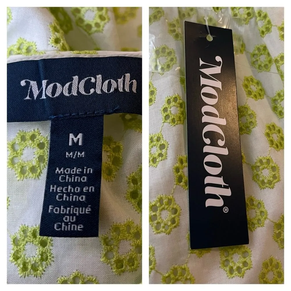 ModCloth NEW Women’s Eyelet Ruffle Swing Dress White Lime Green Size Medium - Image 12