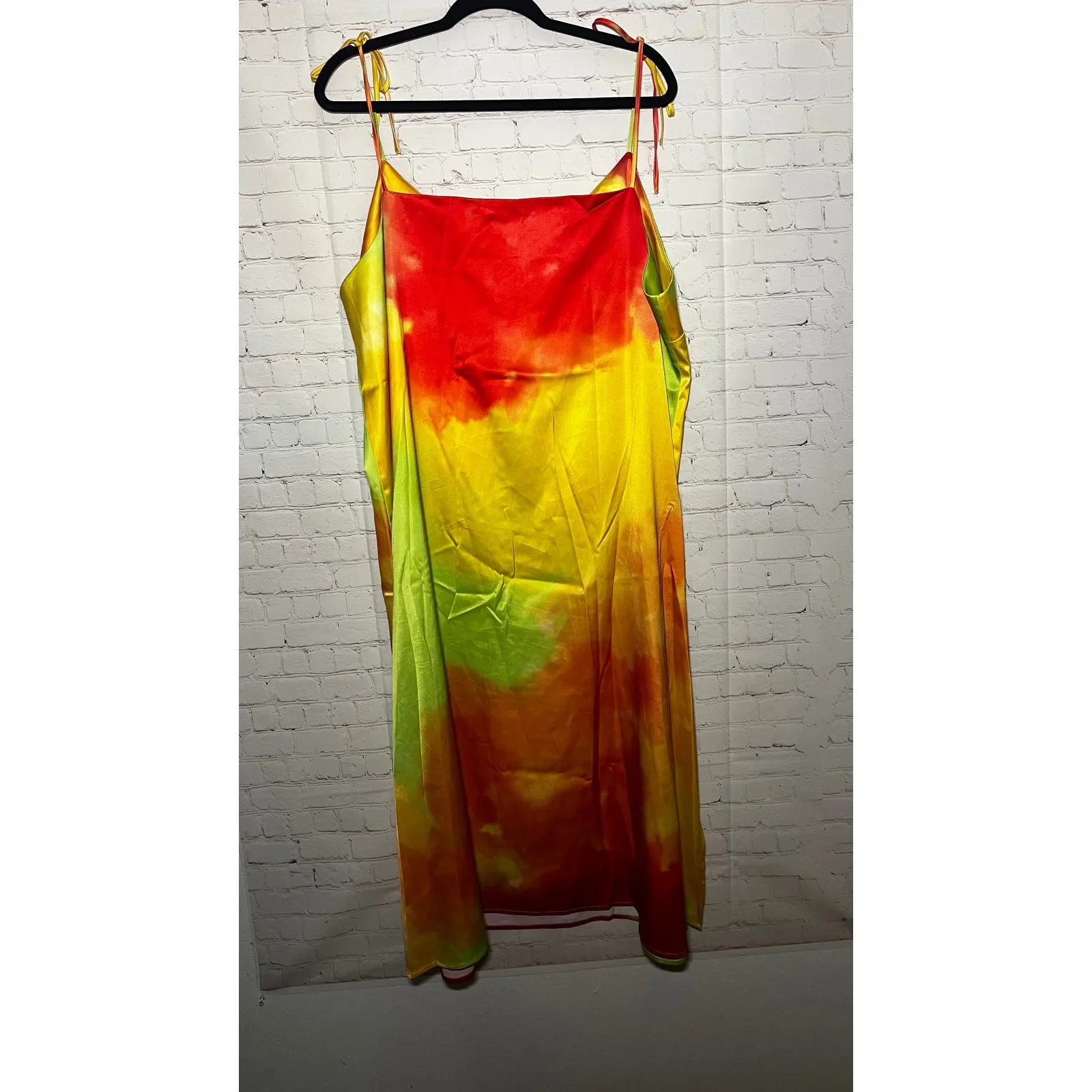 ELOQUII Tie Dye Slip Midi Dress Orange Yellow Green Adjustable Tie Straps Sz 22 - Image 4