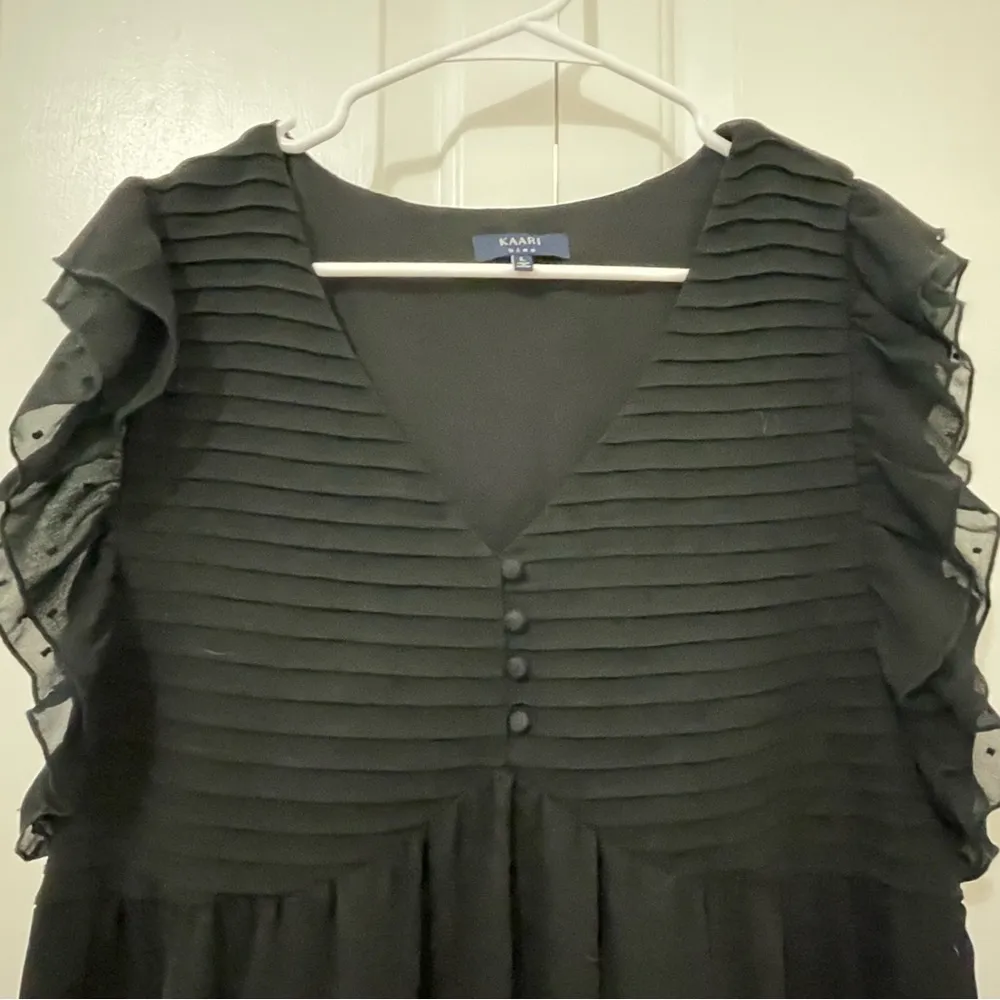 Kaari Blue Black Ruffle Dress Size L Large V Neck La Vie Boheme Tunic Lace - Image 8