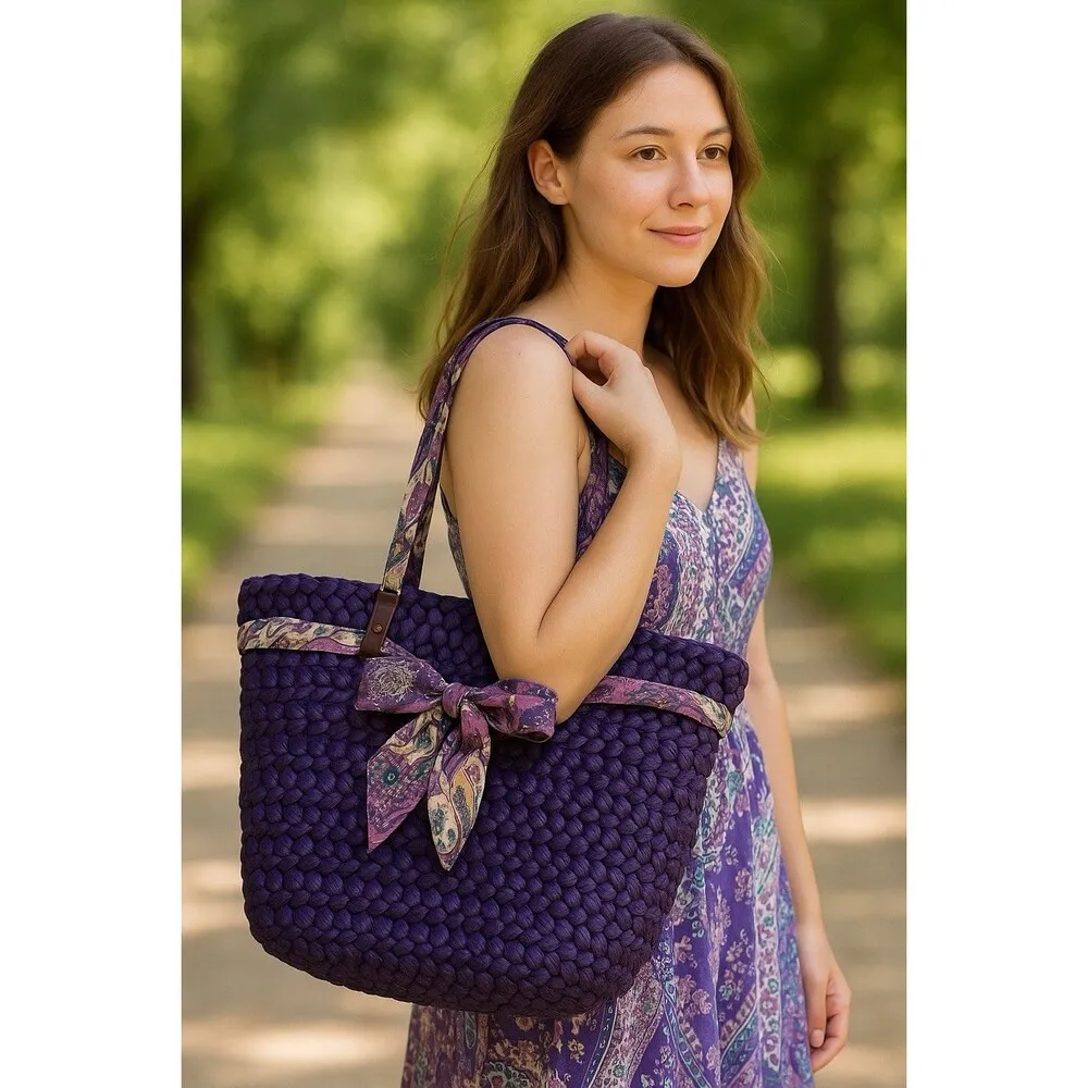 Purple Straw Woven Purse Handbag Tote With Scarf Handles Zip Top Lined Bow - Image 2