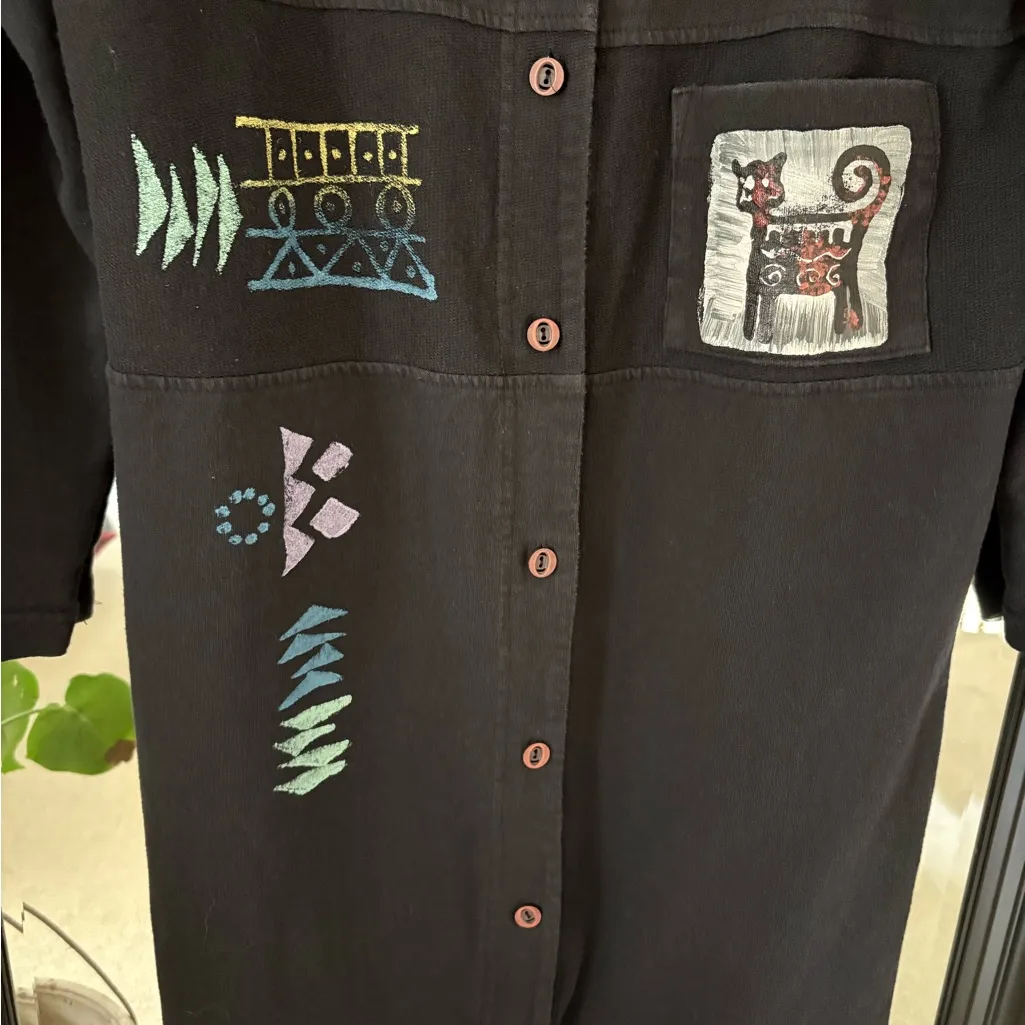 Hand Painted Black Long Duster Jacket Size M - Image 2