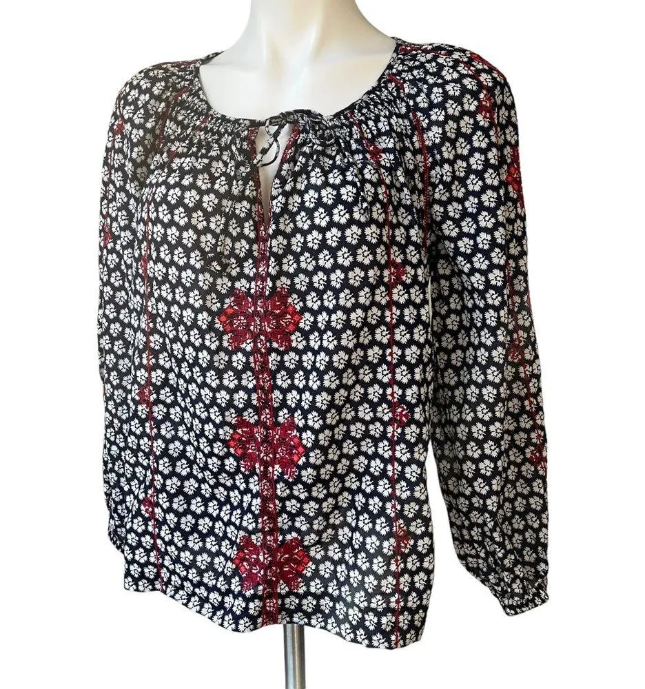 J. CREW Women’s Embroidered Tie-neck Top in Printed Indian Voile, Sz 4 - Image 4