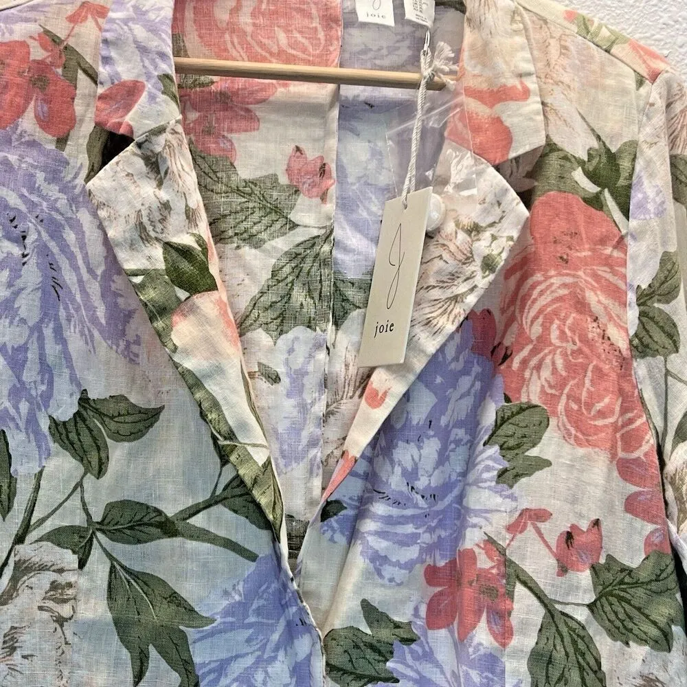 Joie 100% linen Women White Coral Lilac Floral Linen Blazer long sleeve New XL - Image 5