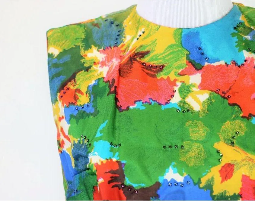 Vintage 1960s Primary Colored Floral Silk Dress Mardi Gras New York Small - Image 8