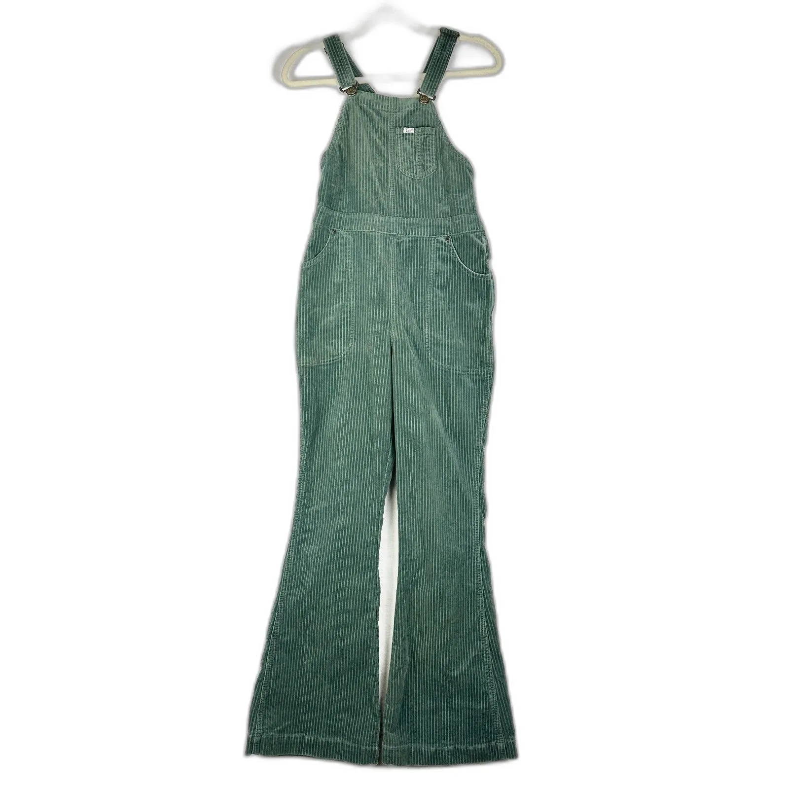 Free People Lee Factory Flare Cord Overalls Size Medium Green Retro Stretch - Image 4