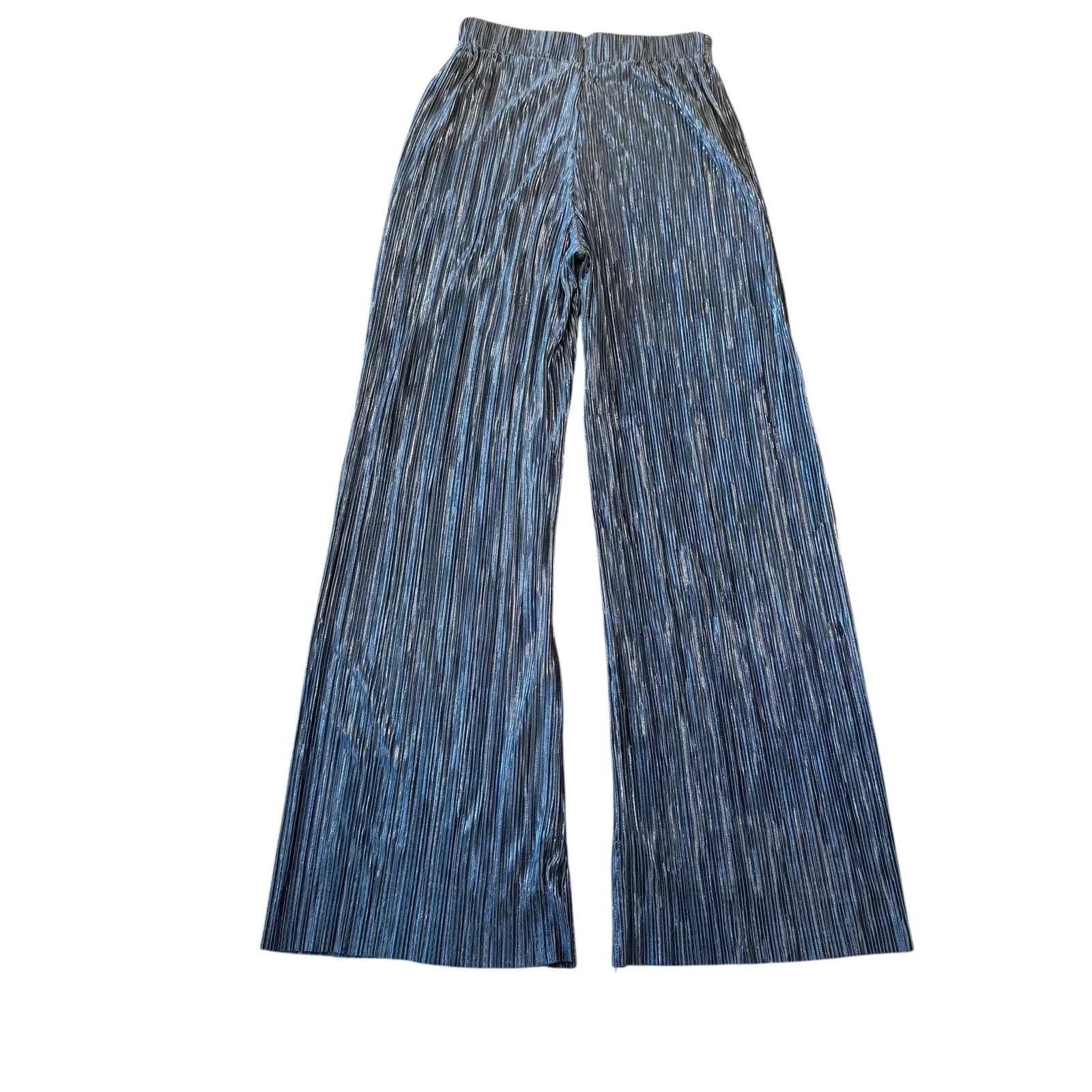 Sabina Musayev Metallic Blue Plisse Pants XS Split Hem Cocktail Wide Leg $230 - Image 3