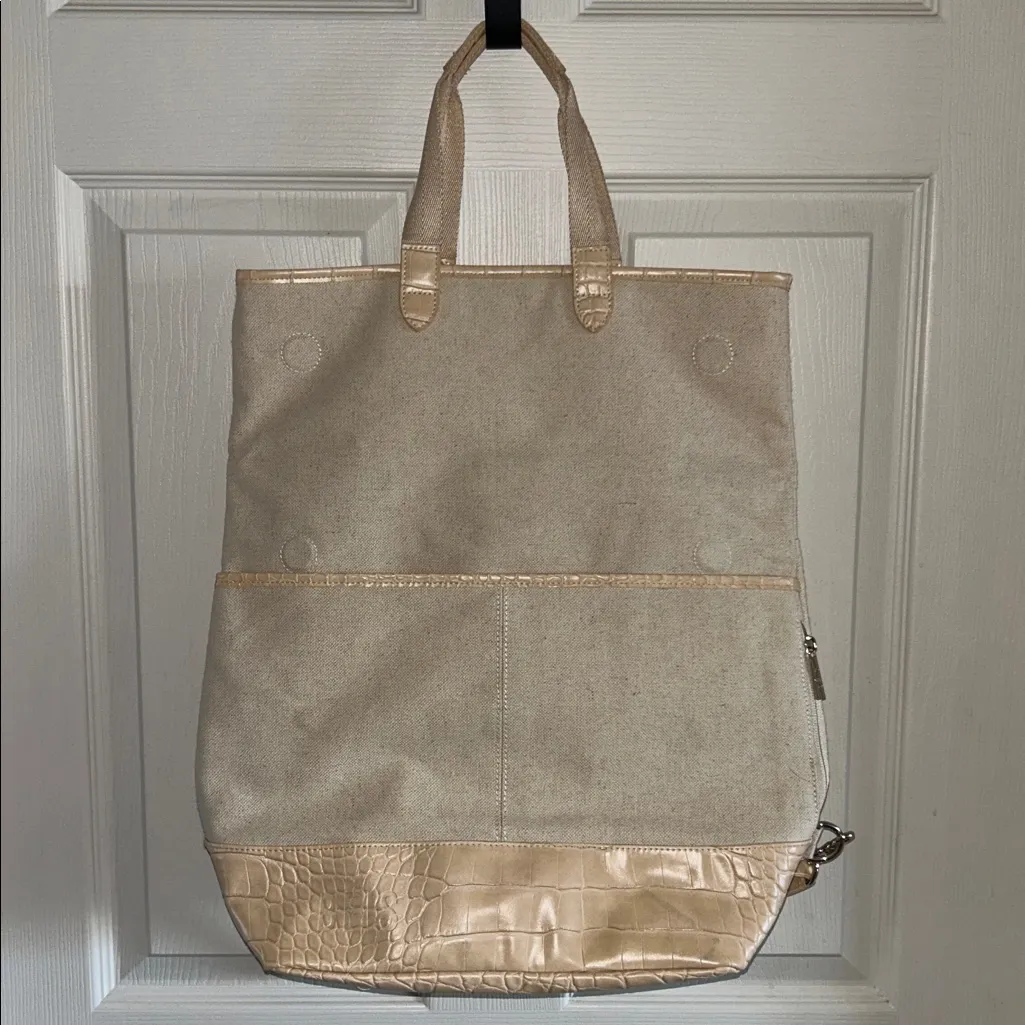 BEIS Everyday Convertible Backpack Tote Beige Cotton Canvas Faux Leather Straps - Image 7