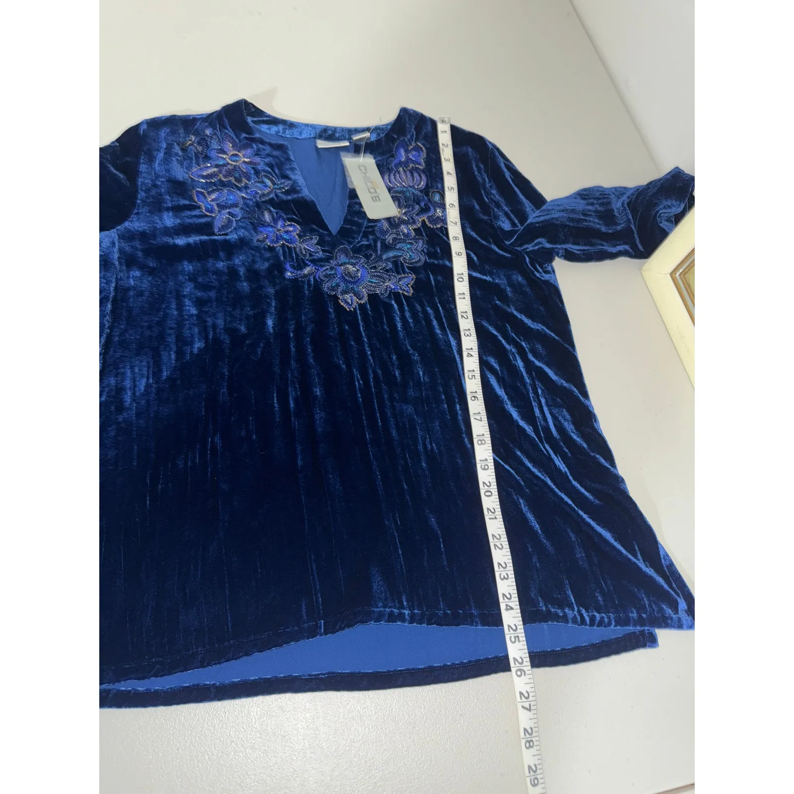 Chico's Blue Silk Velvet Beaded Embroidered Boho Holiday Long-sleeved Top M NWT - Image 6