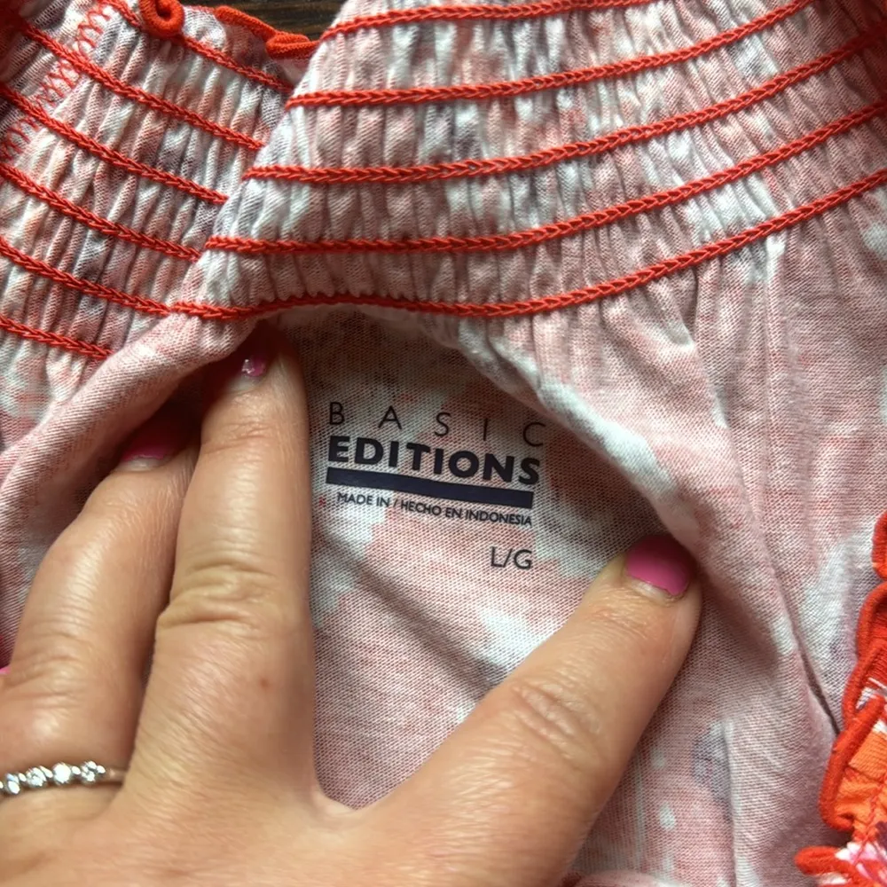 Basic Editions Ruched Short Sleeve Top Orange Floral Paisley Large - Image 3