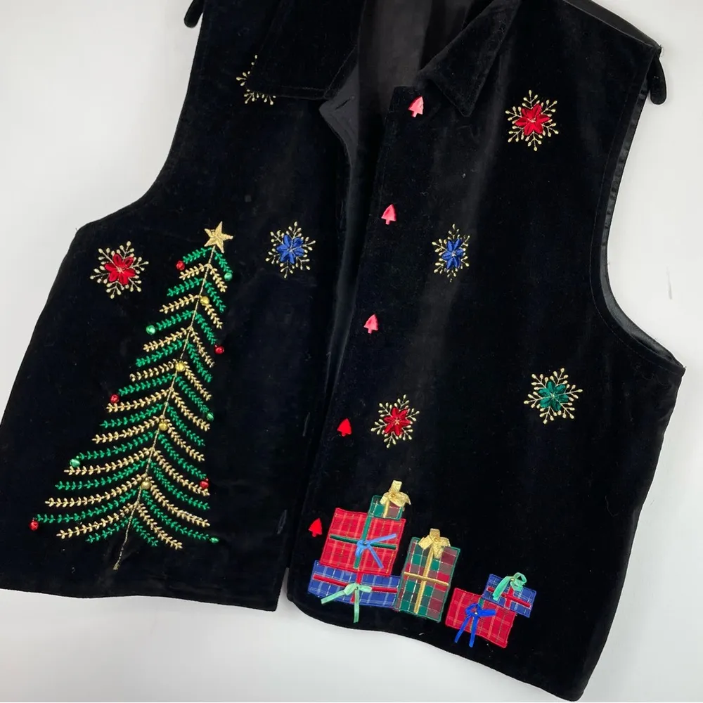 Dressbarn Black Christmas Vest Sz XL Felt Embellished Holiday Tree Bells - Image 8