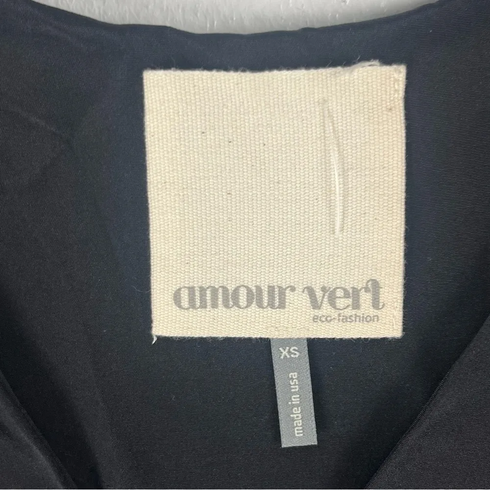 AMOUR VERT 100% Silk Black Sleeveless V-Neck Elastic Waist Pleated Back Dress XS - Image 3