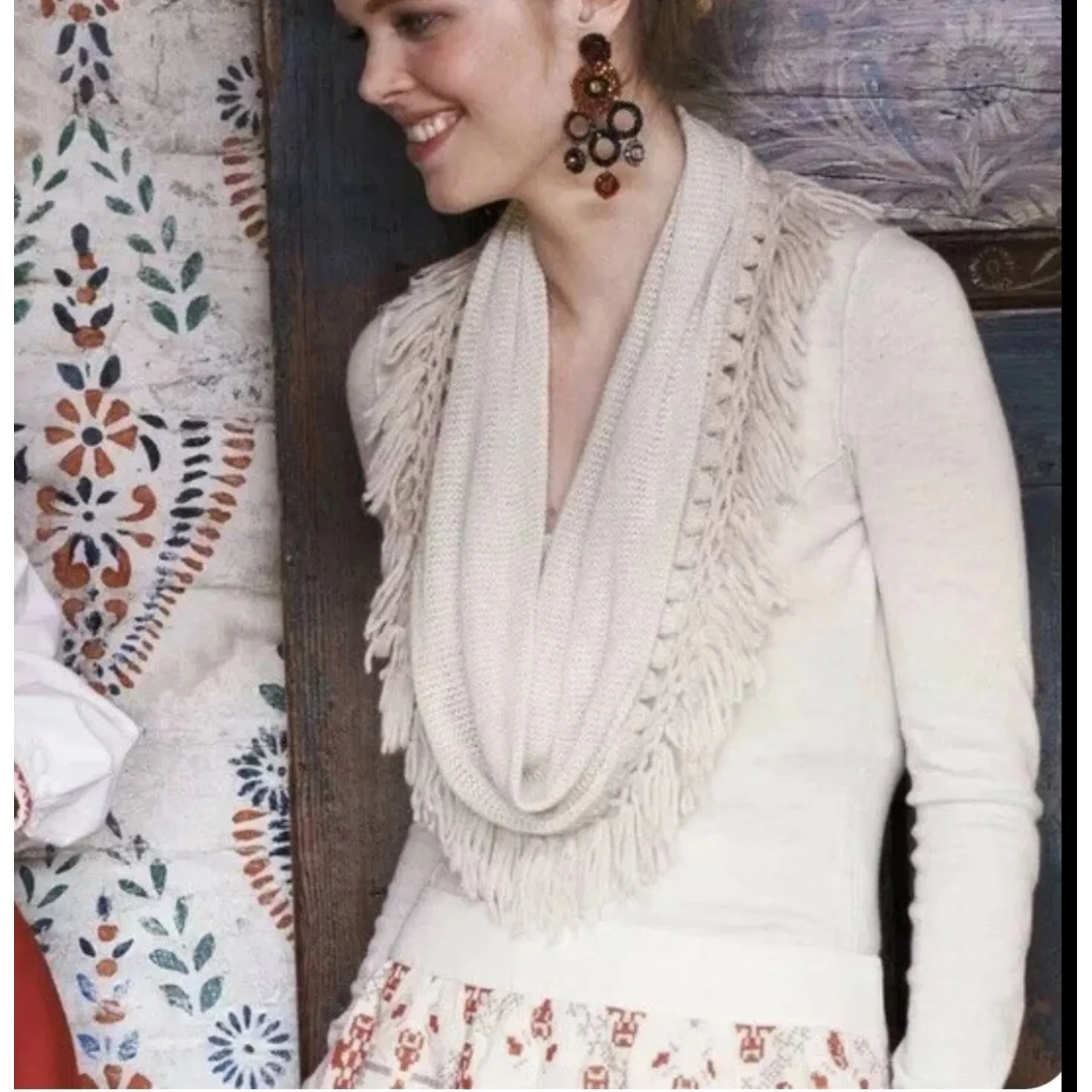 Angel‎ Of The North Anthropologie Cream Ivory White Fringe Cowl Neck Sweater M Size M - Image 3