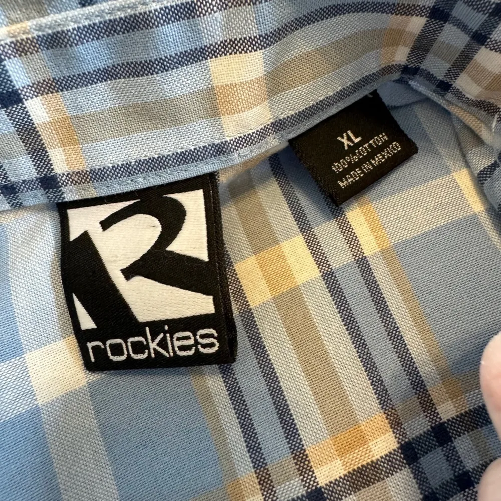 NWOT Women’s Rockies Western Yoke Pearl Snap Plaid Shirt XL Blue Tan - Image 3