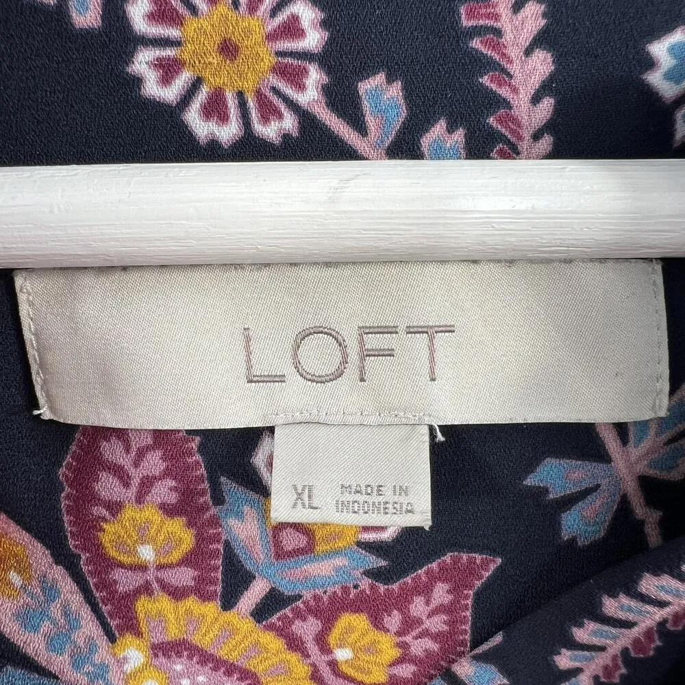 LOFT XL Tunic Top Blouse Relax Fit Blue Floral Long Sleeve Button Front Boho - Image 5