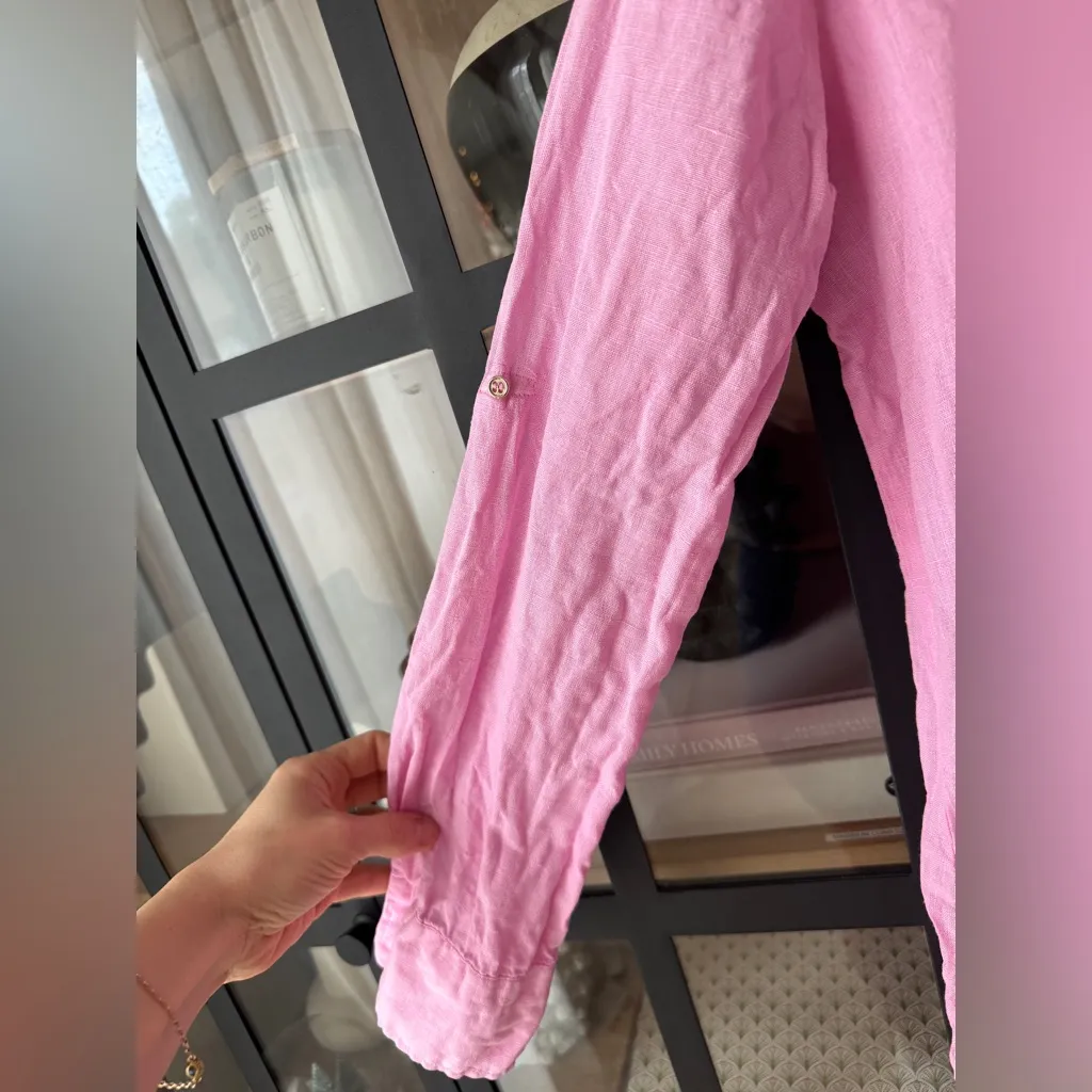 Zara linen button down shirt long sleeve bubblegum pink top gold buttons collar - Image 8