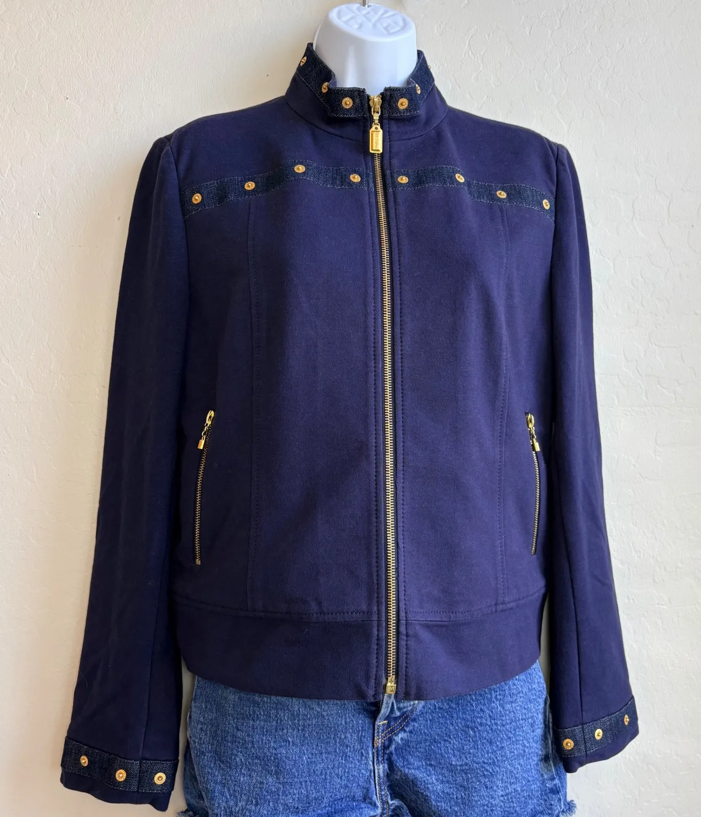 St. John Sport Collection Navy Blue Denim Trim Gold Small Button Jacket Womens - Image 1