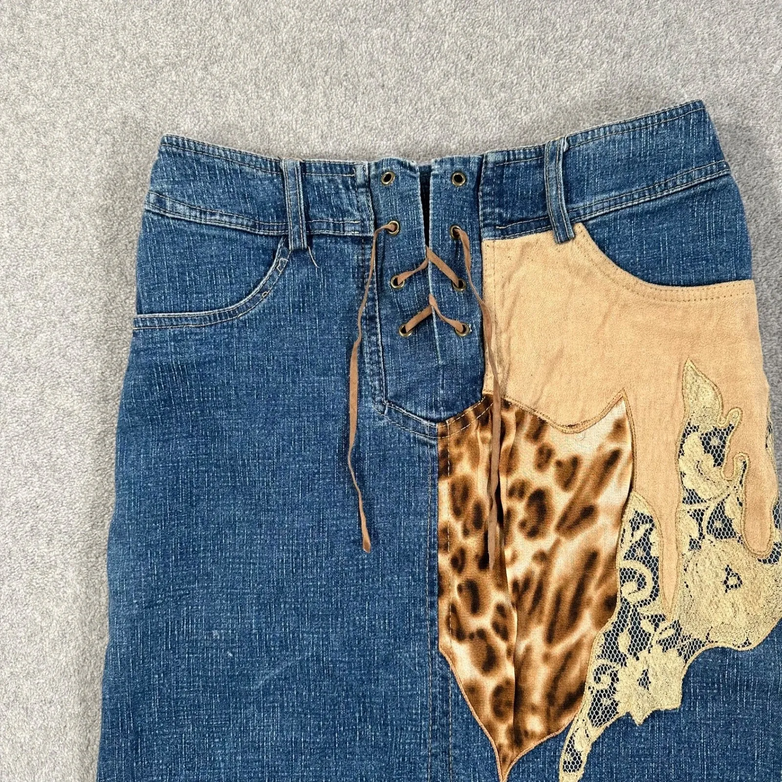 Y2k Patchwork Animal Print Midi Denim Skirt 27 Lace Up Cut Off Made in Italy Blue - Image 3