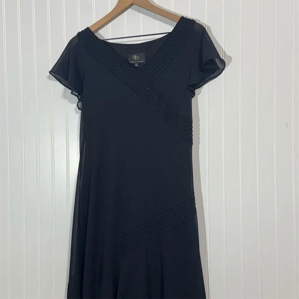 Sandra Darren Women’s Black Evening Midi Dress 12 Beaded Flutter Sleeve Chiffon - Image 2