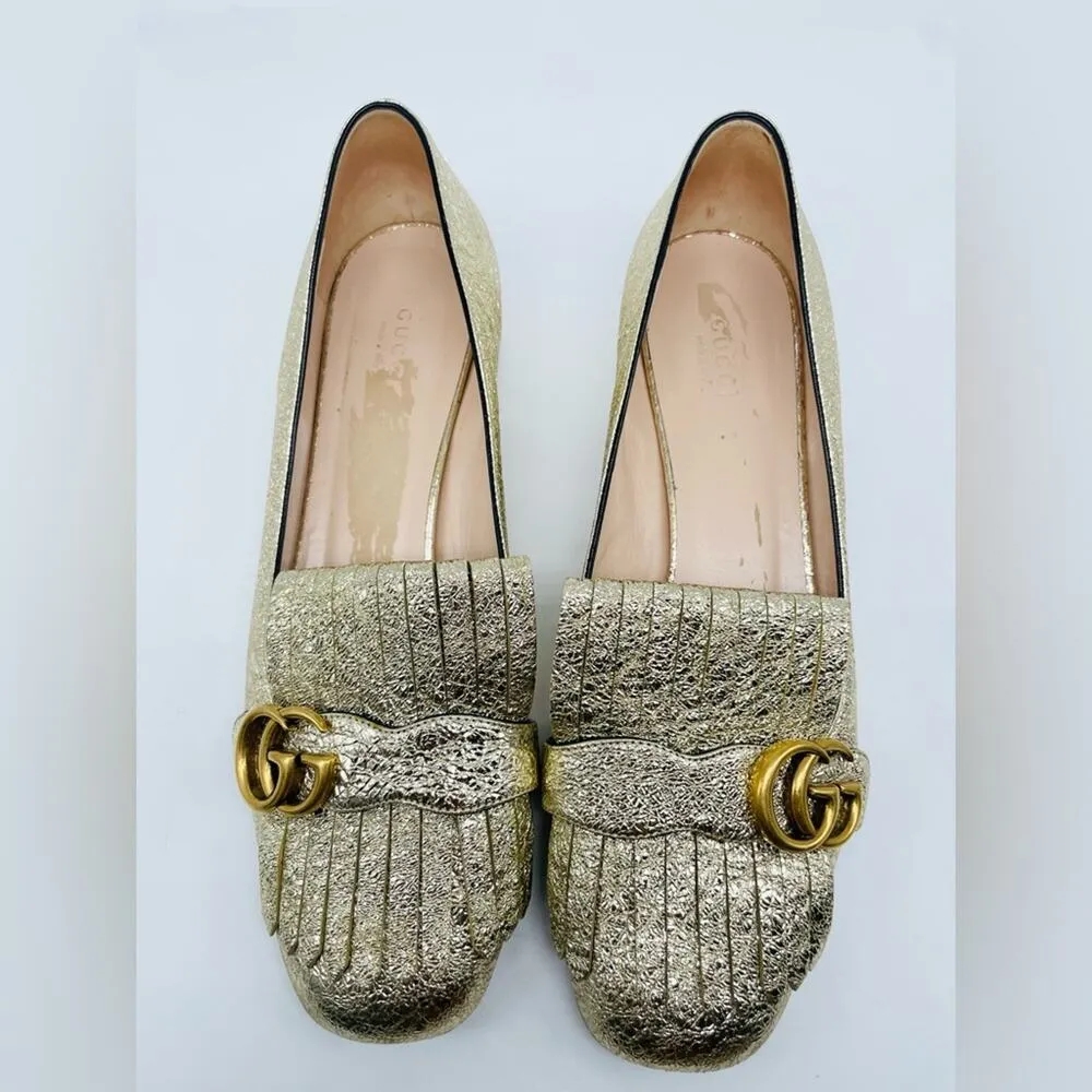 Gucci Gold Metallic leather GG fringe Marmont 30mm Heeled Loafer pumps EU 41 - Image 4