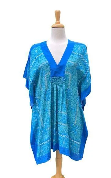 Coldwater Creek Silk Caftan Top Sz S/M Blue Floral Boho Colorblock Resortwear - Image 1