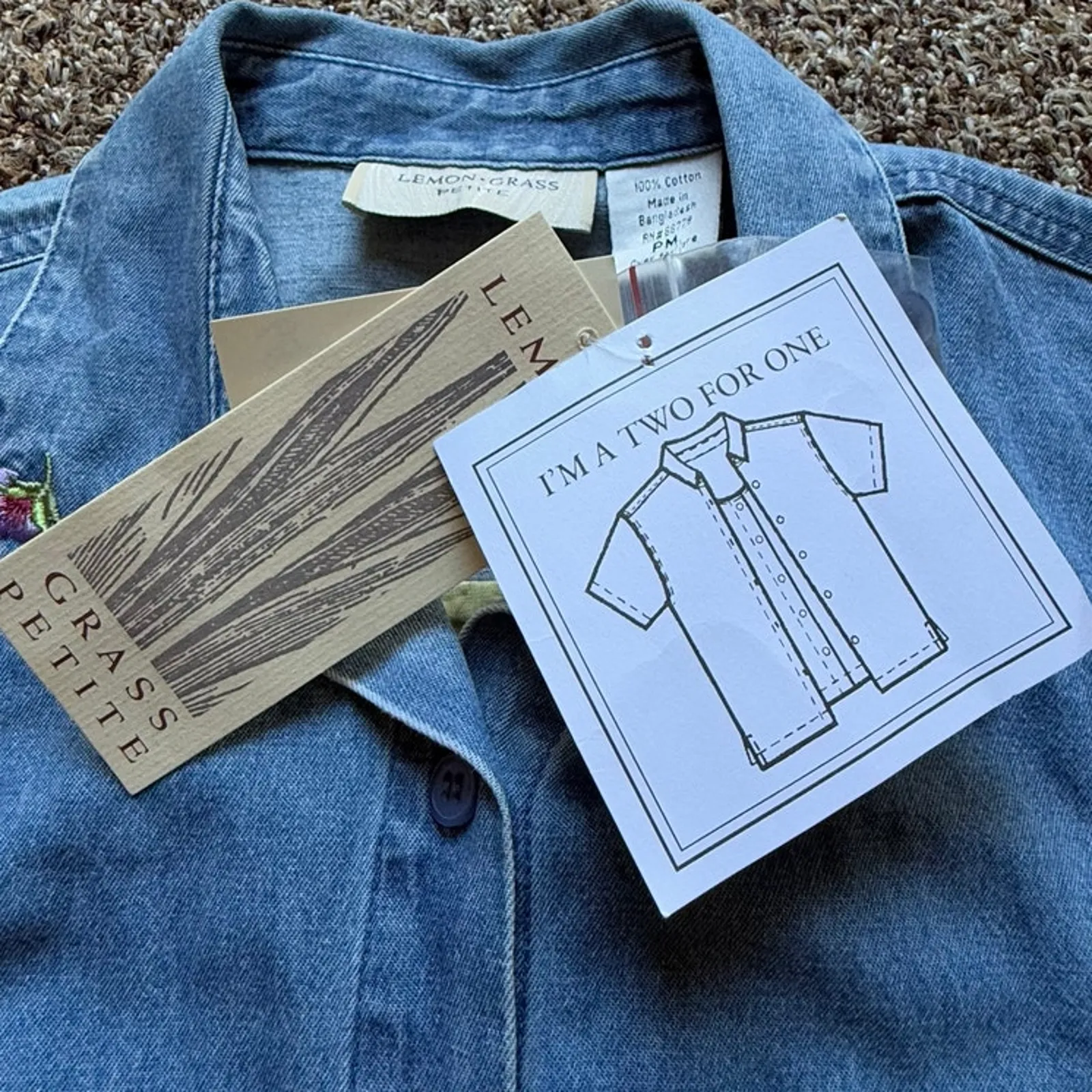 Vintage Lemon Grass Denim Shirt Jacket Embroidered Floral Women's PM NWT Blue Size M - Image 9