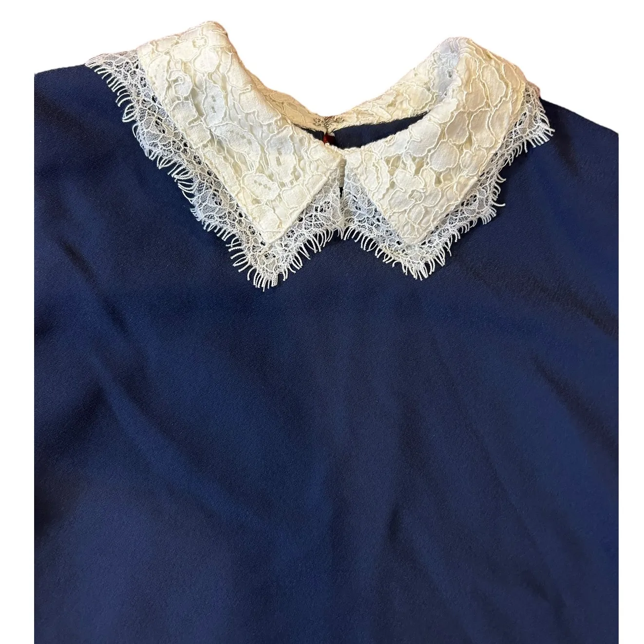 NWT NANETTE LEPORE Navy Cream Sleeveless Lace Collar Babydoll Shift Twee Dress 8 - Image 4