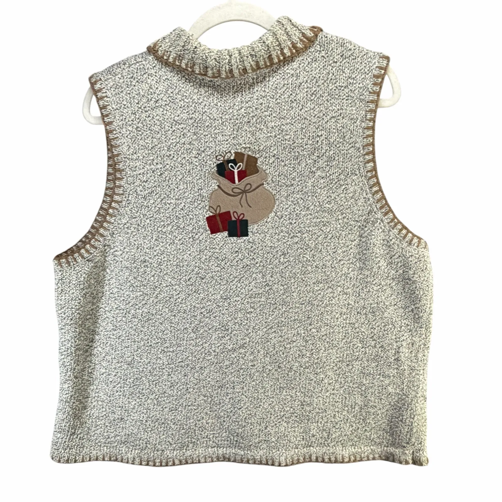 Vintage Christmas Sweater Vest XL Santa Sleigh Reindeer Holiday Hand Embroidered Tan - Image 7