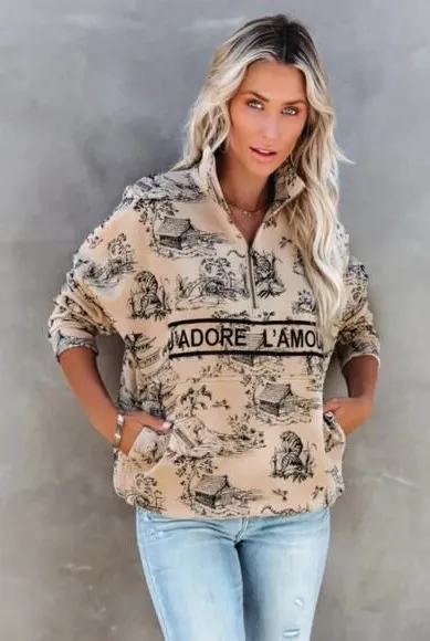 Ellandemm J'Adore L'amour Sweatshirt French Toile Half Zip Beige Pullover S/M Black - Image 1