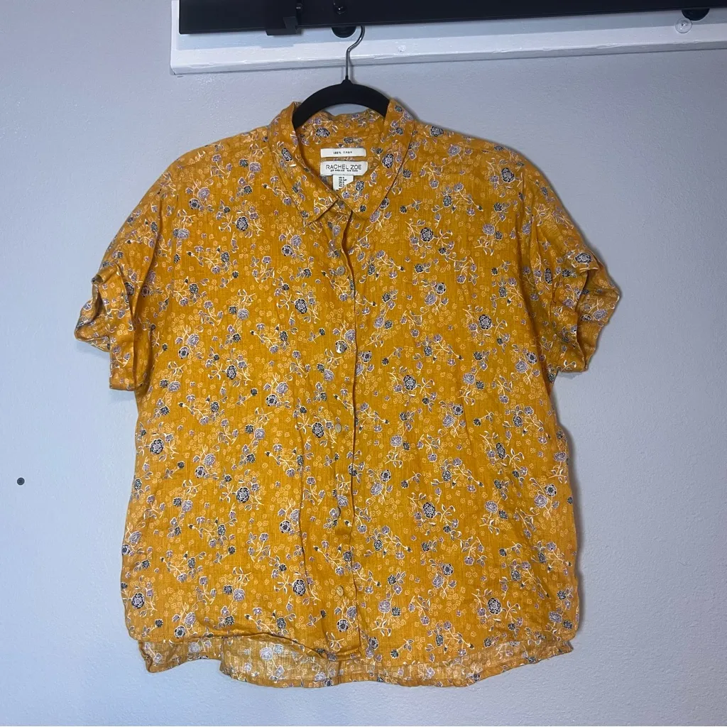 Rachel Zoe Button Up Blouse Short Sleeve Mustard Yellow Floral Linen Size Small - Image 7